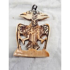 Rare Antique Hand Carved Bone Scrimshaw Sterling Double Headed Eagle Pendant